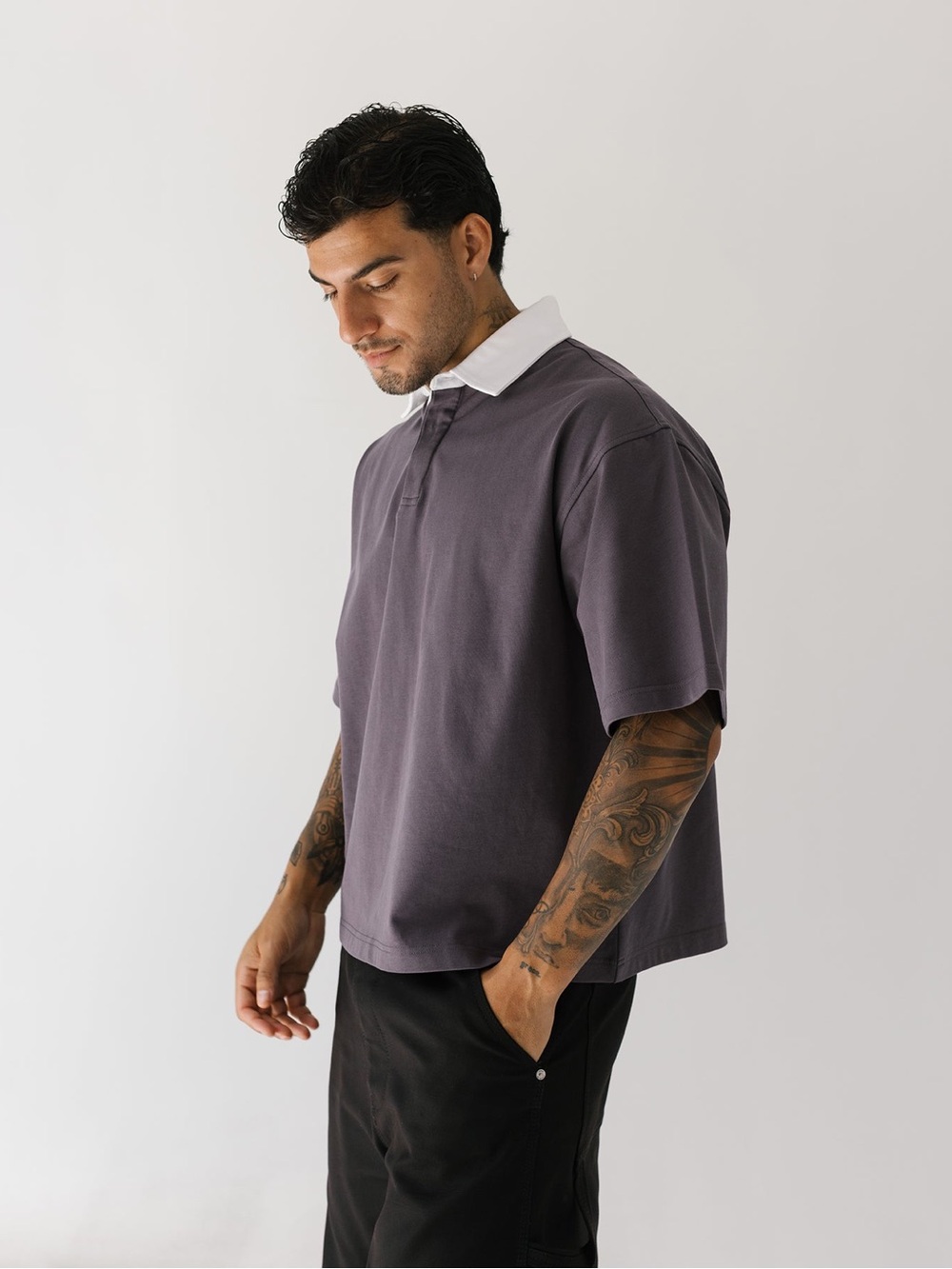 Joshua Mohamed Luxury Men's Gray Polo Shirt with White Collar Like New Medium